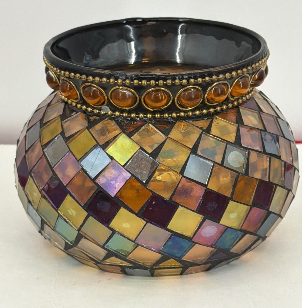 PartyLite Mosaic Glass Candle Holder Iridescent Amber Gold Beaded Trim Votive